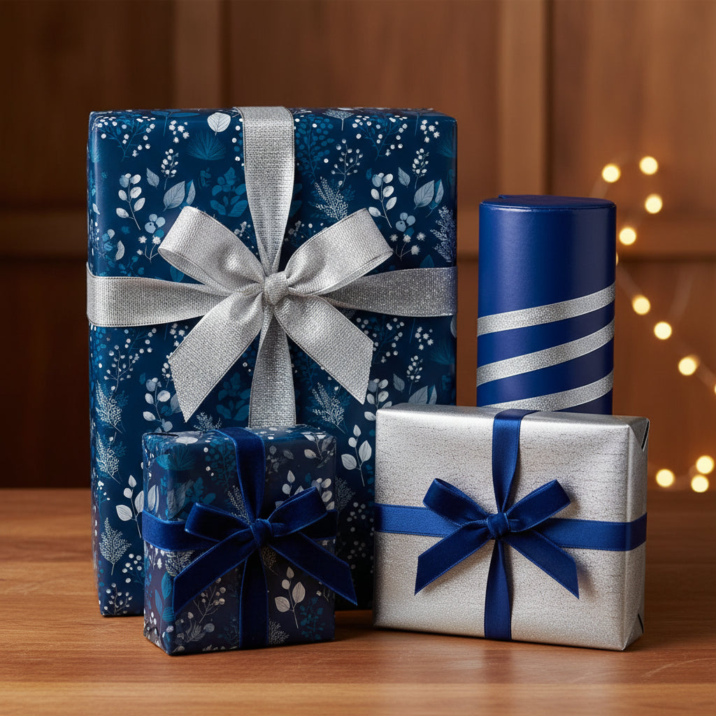 Elegant gifts wrapped in blue floral wrapping paper with silver and velvet ribbon for Christmas or birthday.