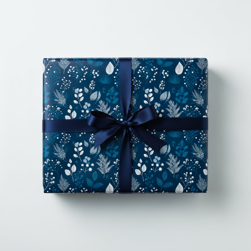 Navy blue floral wrapping paper on a square gift box tied with a dark blue satin ribbon.