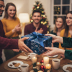 Christmas gift exchange with friends; a blue floral wrapping paper with navy ribbon adorns the square present.