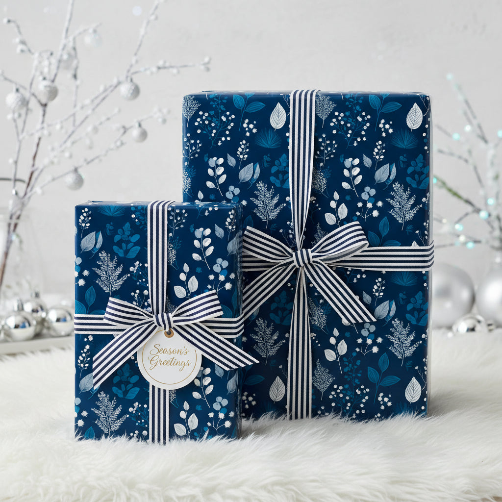 Elegant navy floral wrapping paper with striped ribbon, perfect for Christmas or winter holiday gifts.