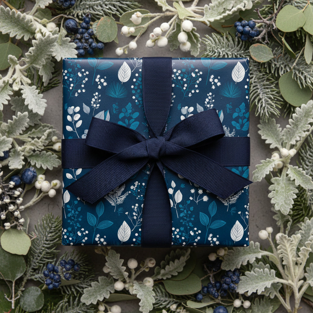 Navy floral wrapping paper with matching ribbon on a square gift box, surrounded by winter foliage.