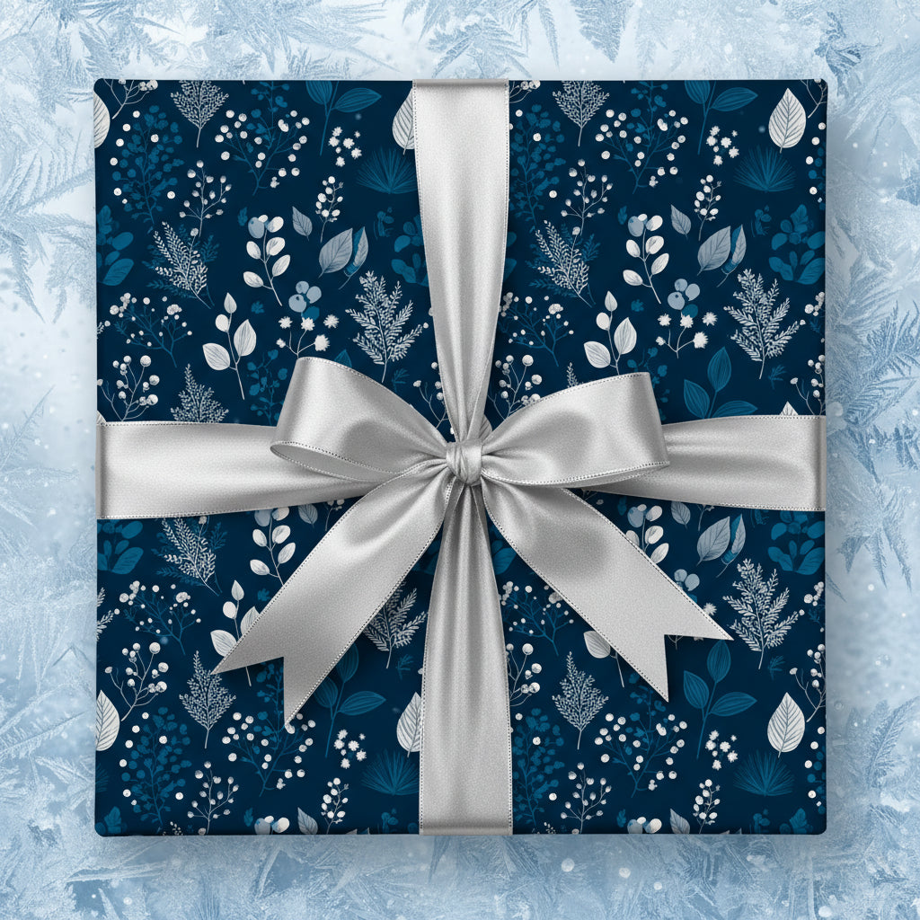 Navy blue gift wrapped in elegant floral Christmas wrapping paper with a silver bow.