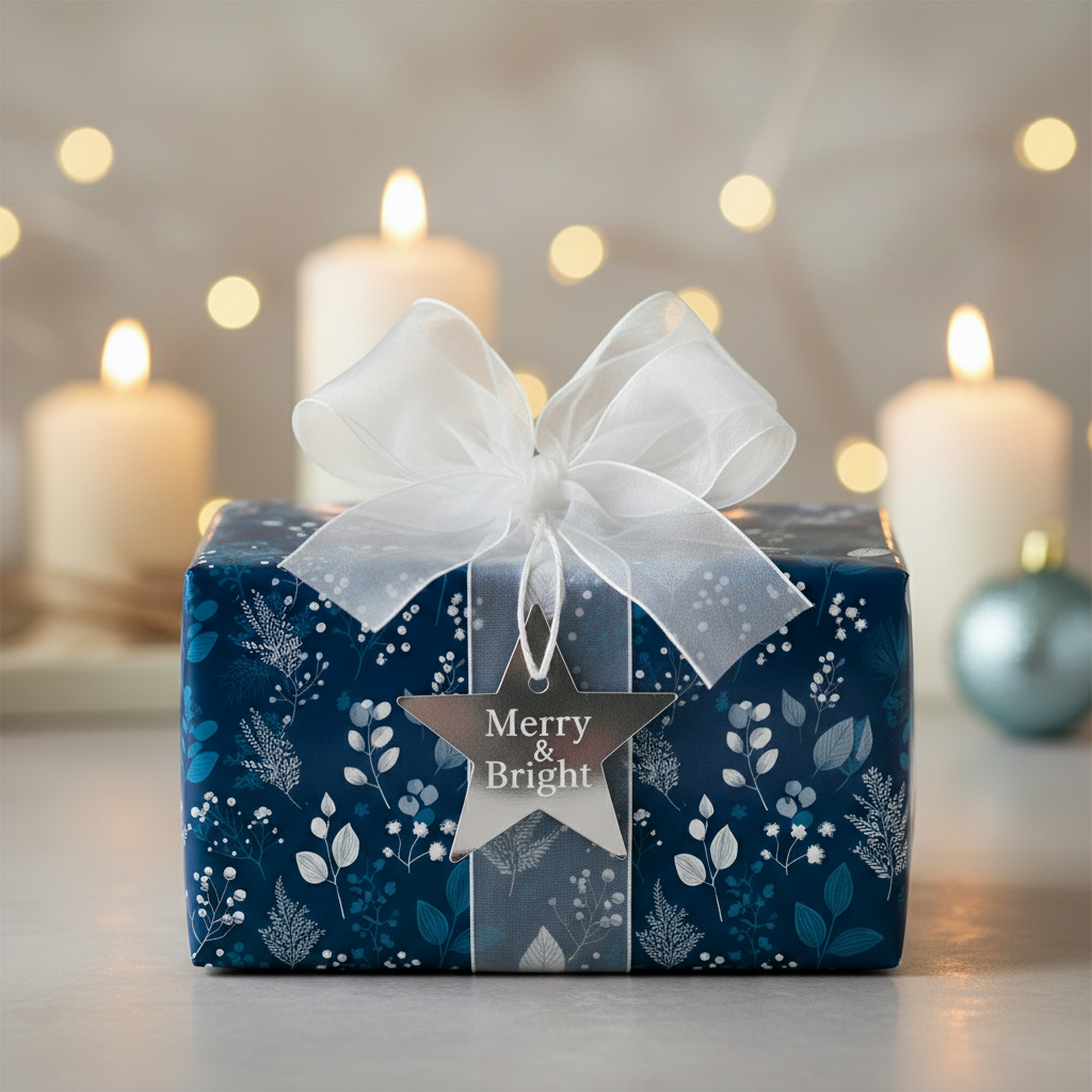 Elegant navy blue floral Christmas gift wrap with a white ribbon and a "Merry & Bright" star tag.