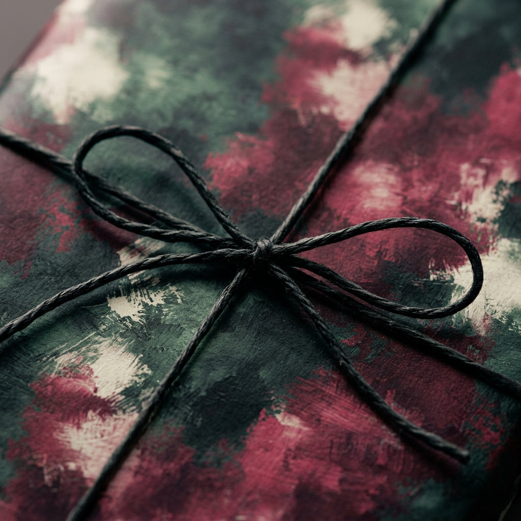 Elegant gift wrapped in green and burgundy floral wrapping paper with black string bow.