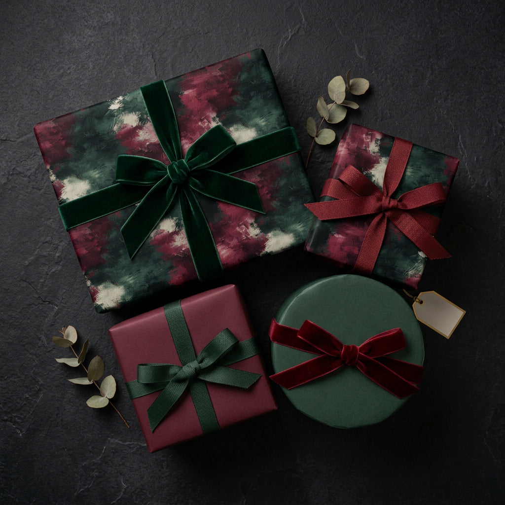 Luxury Christmas gift wrap: presents in abstract print paper with velvet ribbons.