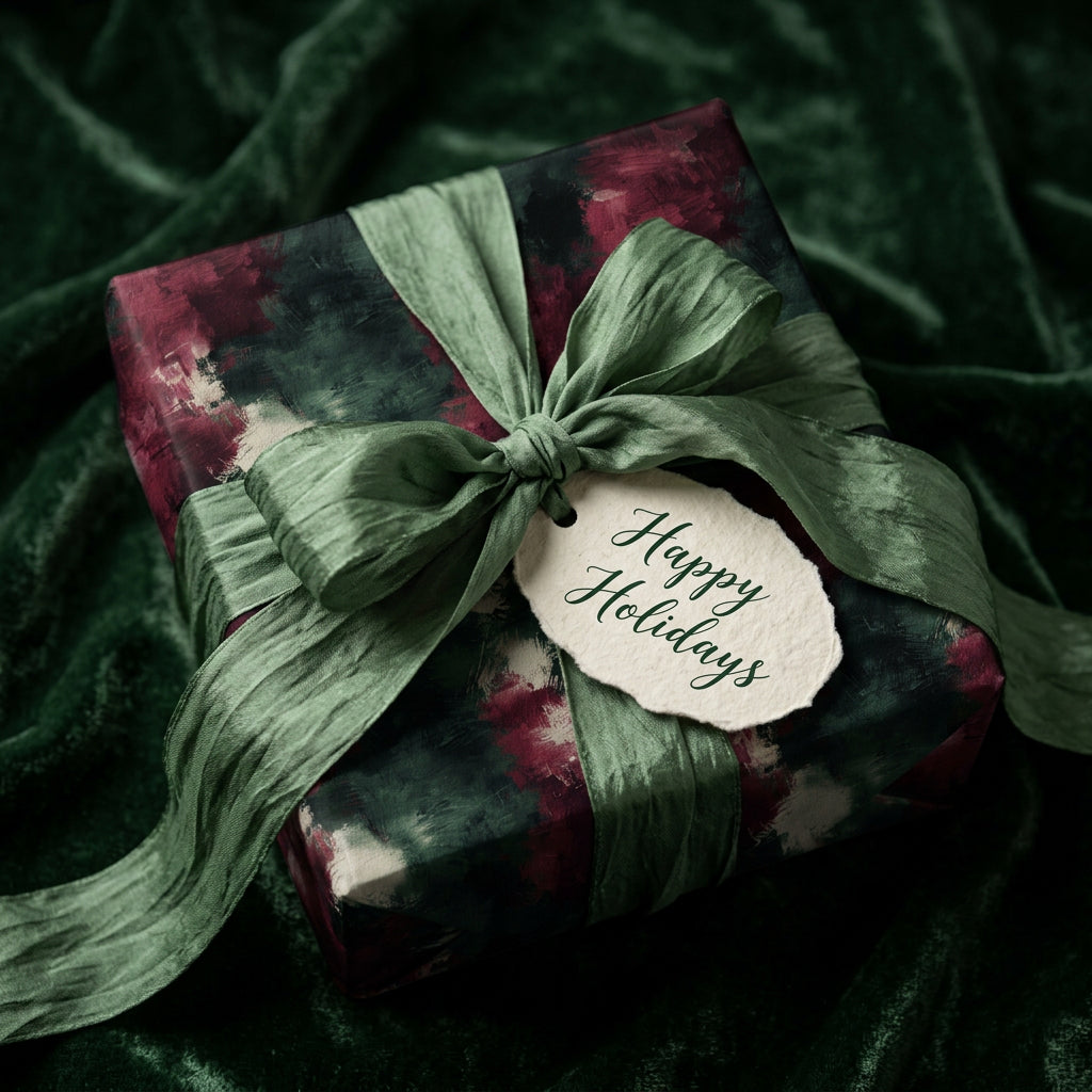 Elegant holiday gift wrap in deep green and burgundy with a silk ribbon and "Happy Holidays" tag.