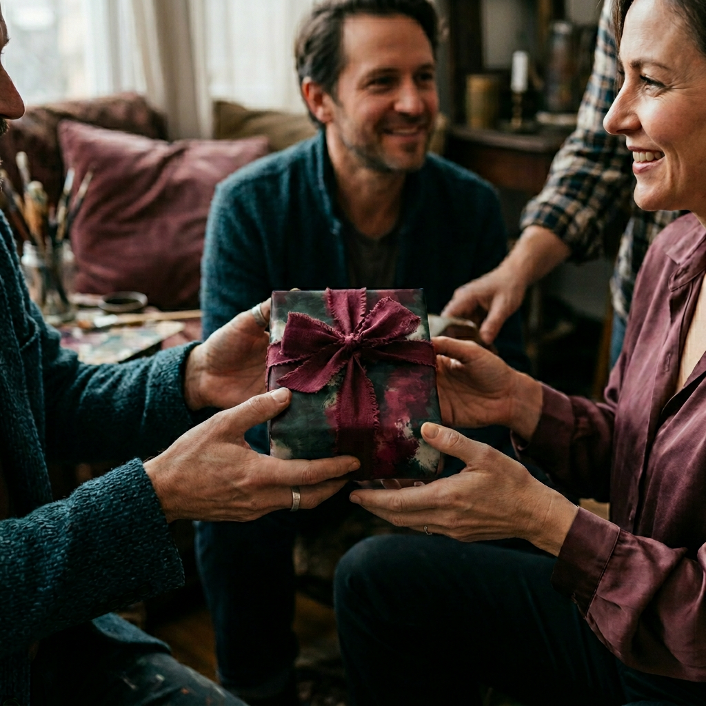 Sharing a gift wrapped in abstract floral wrapping paper with rustic frayed ribbon.
