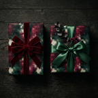 Elegant Christmas gift wrap: Two presents with velvet ribbon bows on dark wood.