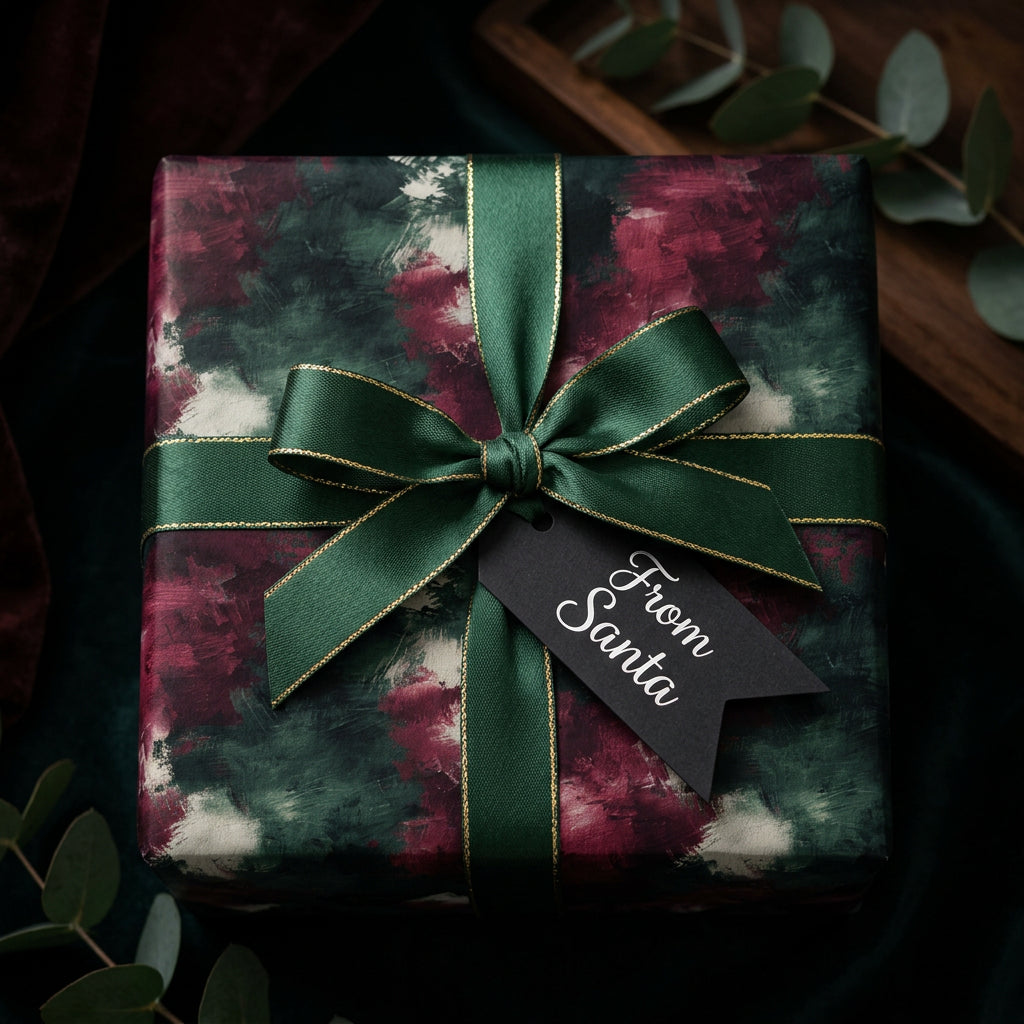 Elegant Christmas gift wrap with green and burgundy pattern, dark green ribbon, and "From Santa" tag.