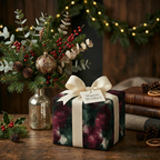 Elegant floral Christmas gift wrap with ivory ribbon and "Warm Wishes" tag, Wrapped Studios.