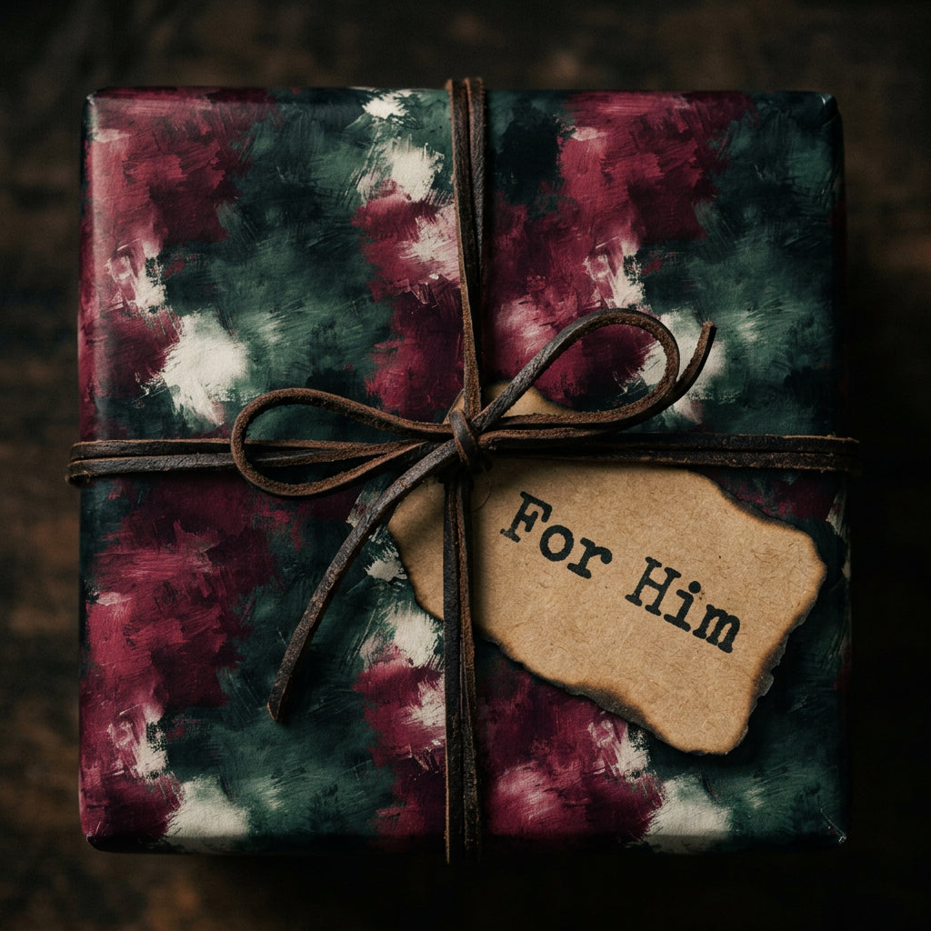 Masculine "For Him" gift wrapped in dark floral wrapping paper with a leather cord and rustic tag.