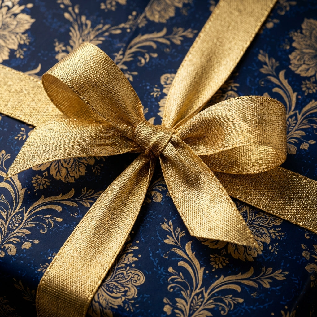 Close-up of a gift wrapped in elegant blue floral wrapping paper with a gold bow.
