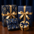 Elegant blue and gold gift boxes with floral wrapping paper and satin ribbon bows.