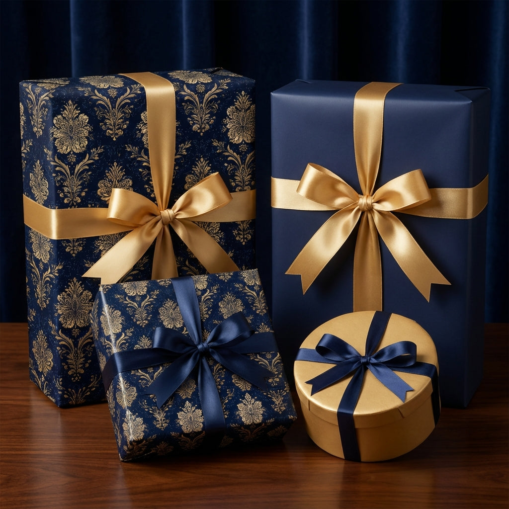 Elegant blue and gold gift boxes with floral wrapping paper and satin ribbon bows.
