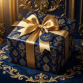 Navy luxury gift wrap with gold damask pattern and satin ribbon bow.