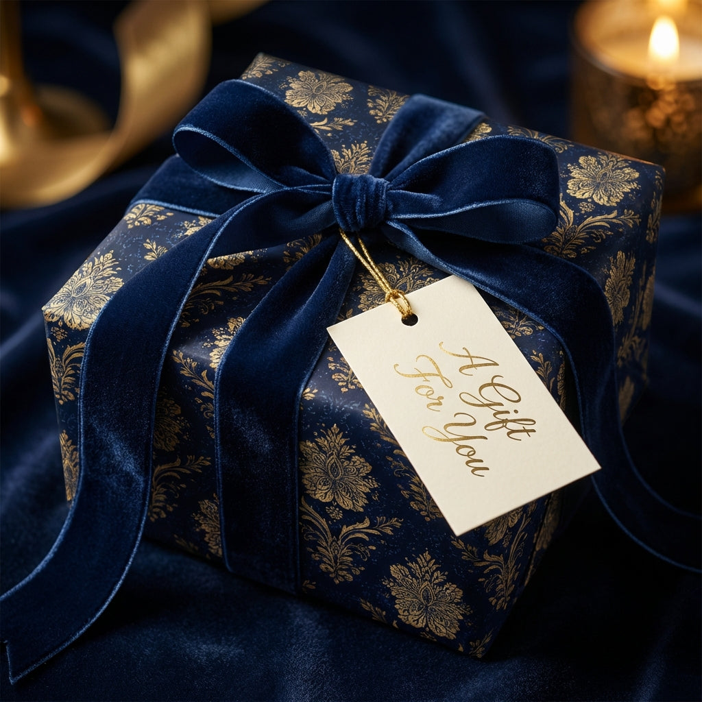 Elegant gift wrapped in blue and gold floral wrapping paper with a velvet ribbon bow.