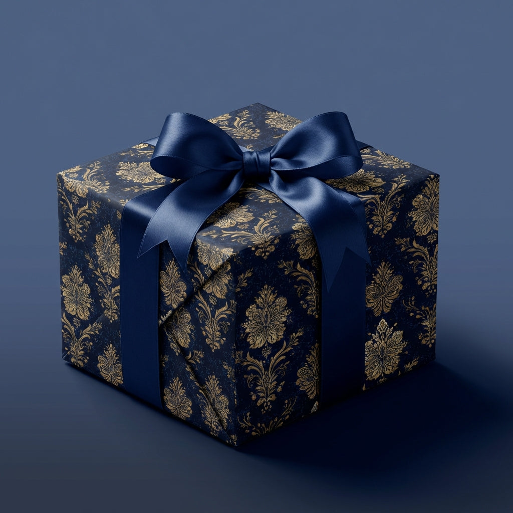Elegant gift box wrapped in navy and gold floral paper with a satin navy ribbon.