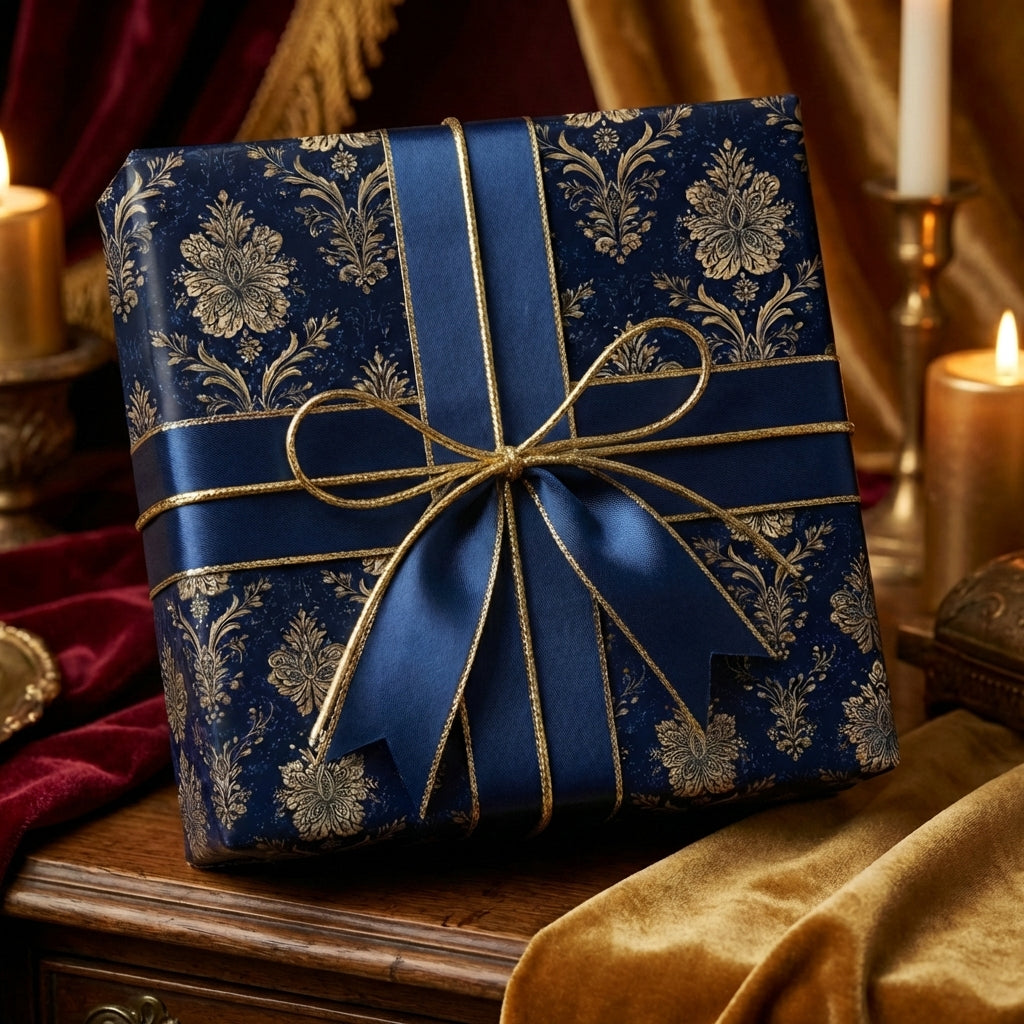 Elegant navy floral wrapping paper on a gift box, tied with a blue ribbon and gold string.