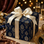 Elegant navy blue floral wrapping paper with a gold ribbon bow for Christmas or special occasion gifts.