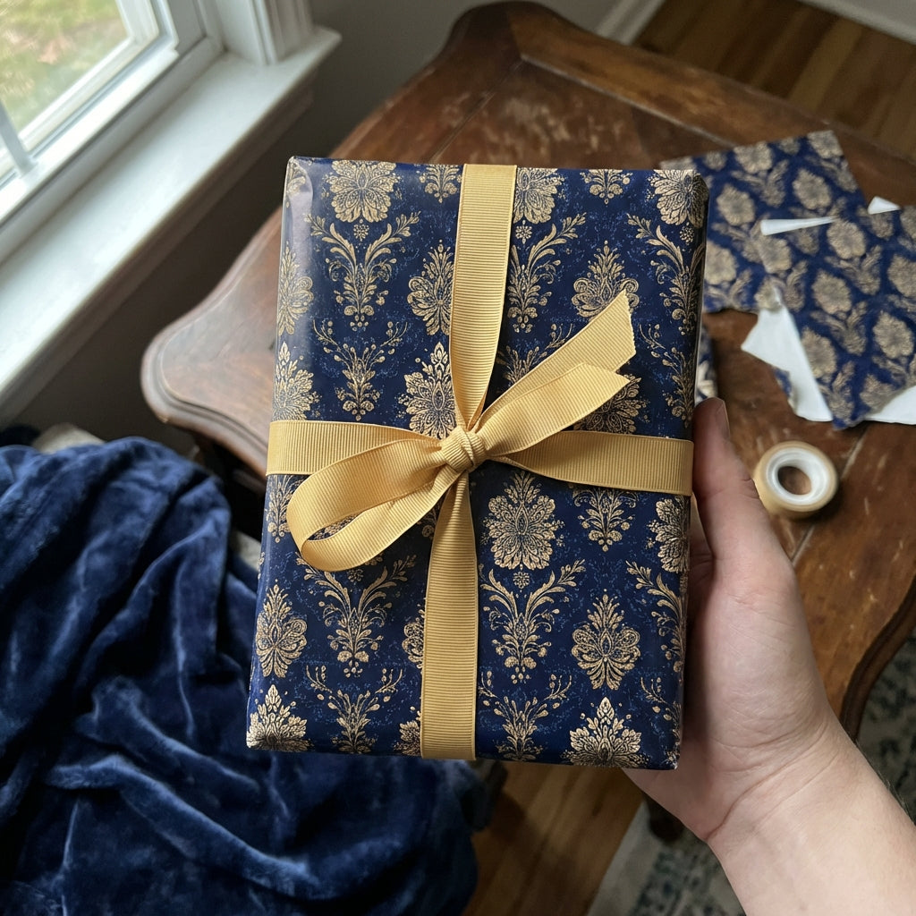Elegant navy gift wrapped in gold floral wrapping paper with a gold ribbon and bow.
