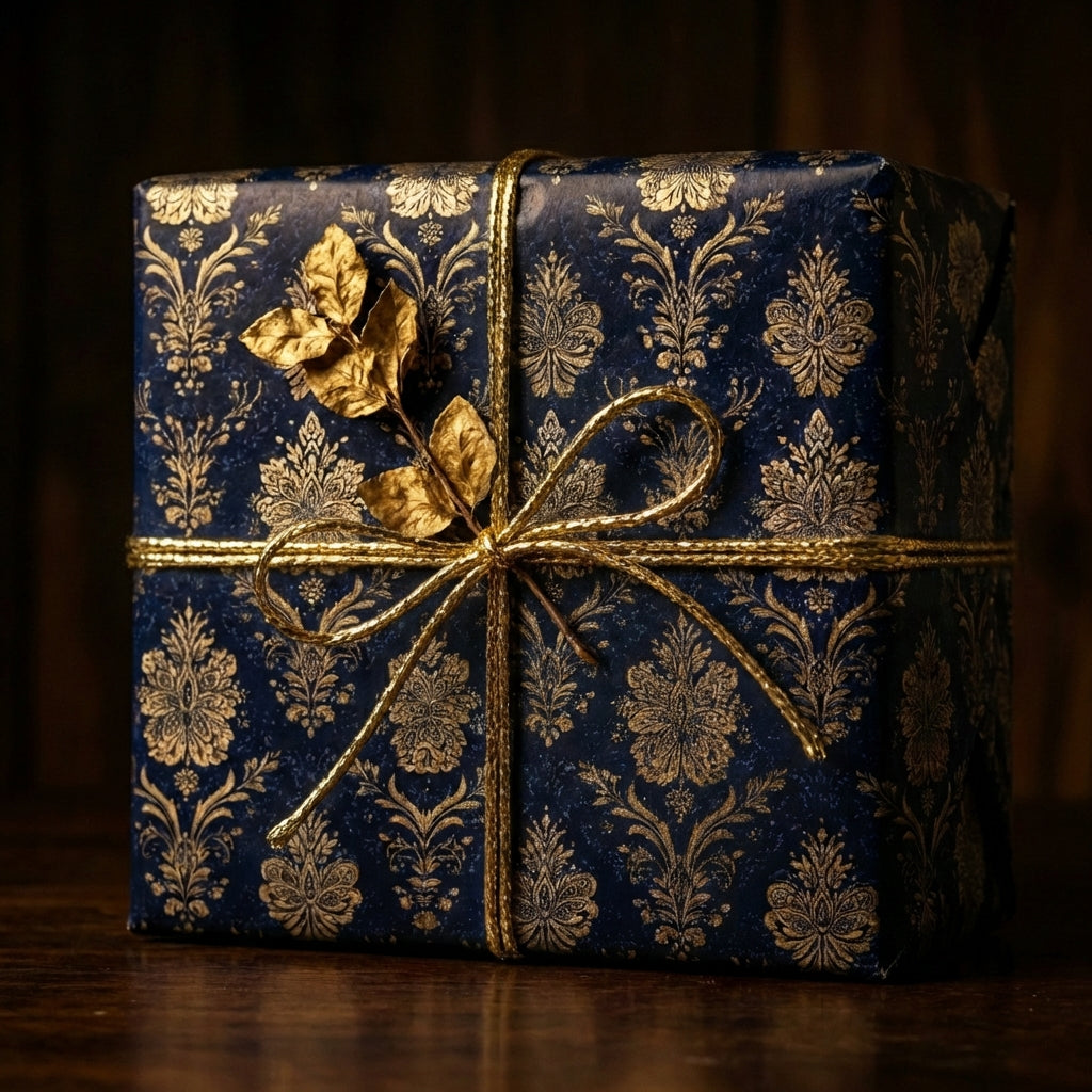 Elegant gift wrapped in navy floral wrapping paper with gold ribbon and leaf detail.