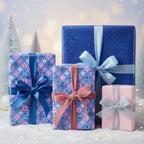Elegant Christmas gift wrap with floral snowflake patterns and satin ribbon bows.