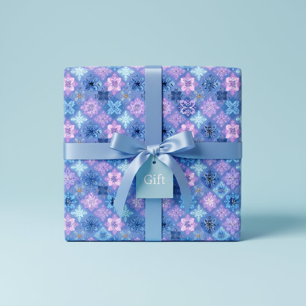 Square gift wrapped in floral wrapping paper with a blue satin ribbon and bow.