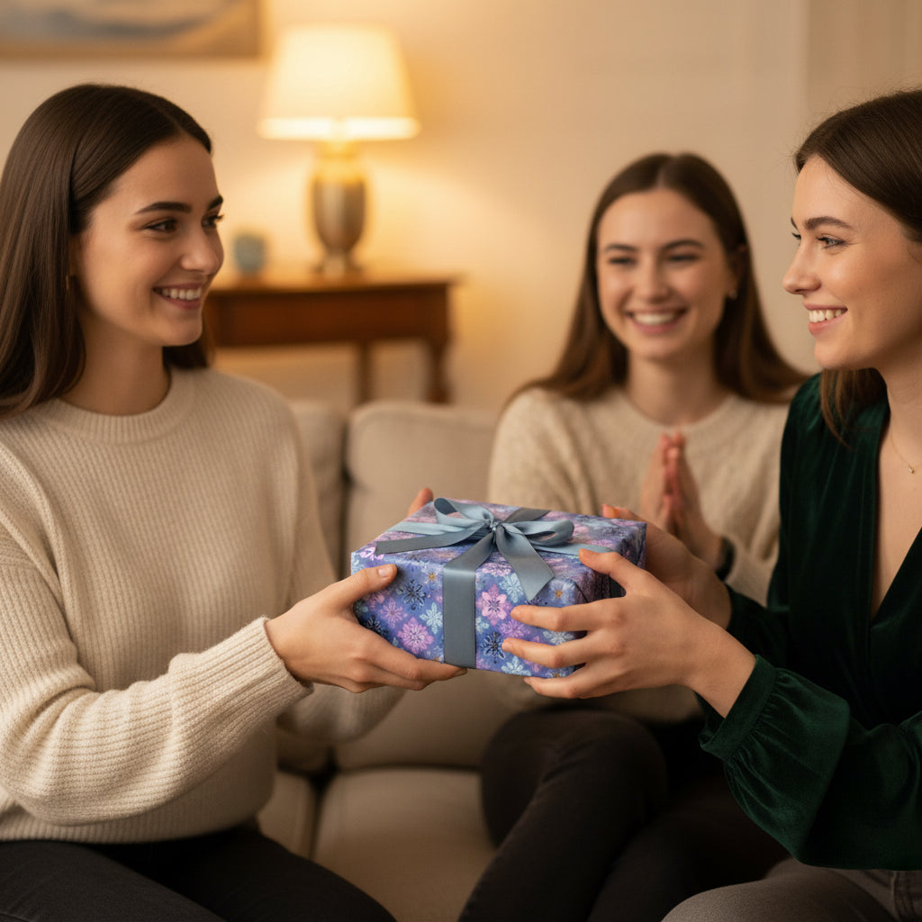 Friends exchanging a gift wrapped in pretty blue floral birthday wrapping paper with a satin ribbon.