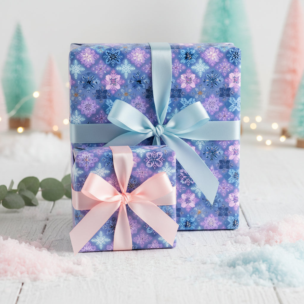 Elegant Christmas gifts wrapped in purple floral wrapping paper with light blue and pink ribbons.