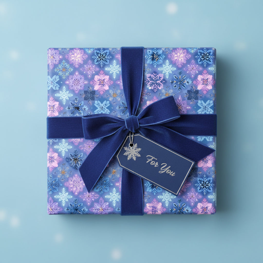 Square gift wrapped in blue snowflake Christmas wrapping paper with a velvet ribbon and "For You" tag.