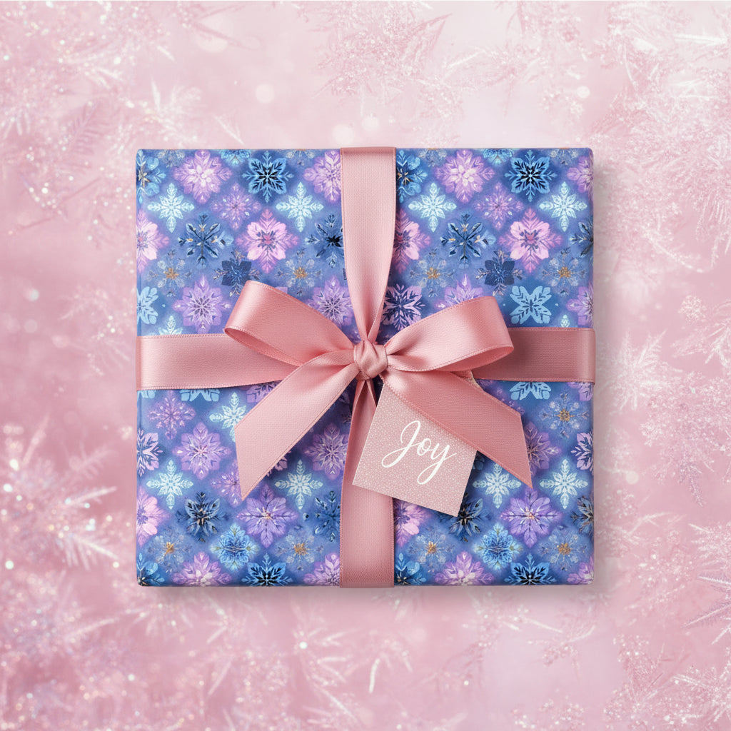 Blue and lavender snowflake Christmas gift wrap with pink ribbon and a "Joy" tag.