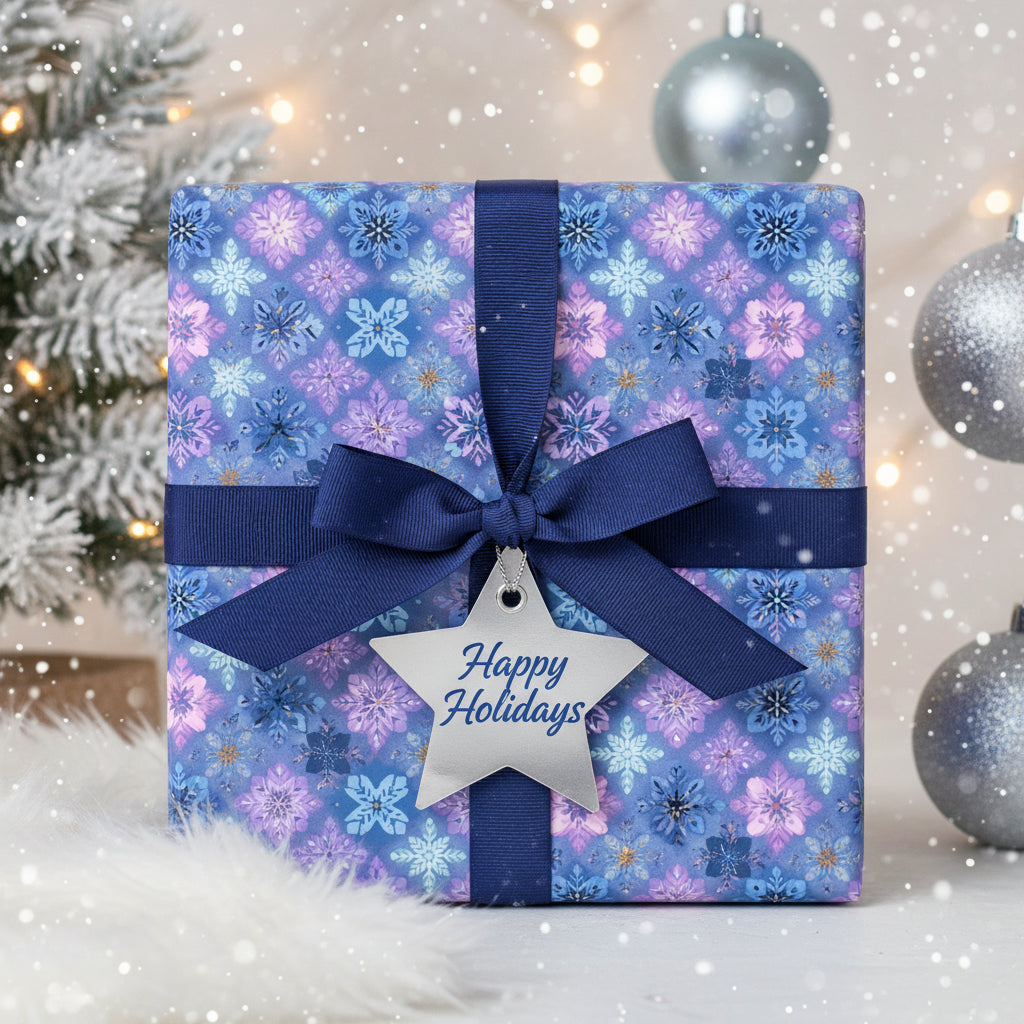 Blue snowflake Christmas wrapping paper with navy ribbon and "Happy Holidays" tag.