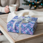 Close-up of a gift wrapped in blue floral wrapping paper with a silver ribbon & "Celebration" tag, perfect for birthday gift wrap.