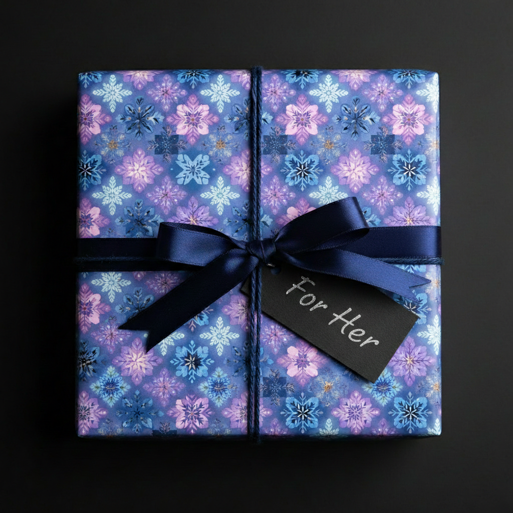 Square gift in blue floral wrapping paper with navy ribbon and "For Her" tag.