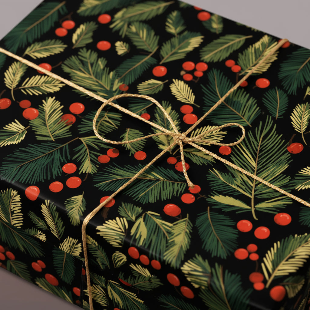 Close-up of Christmas gift wrap with green pine branch and red berry pattern, tied with gold string.