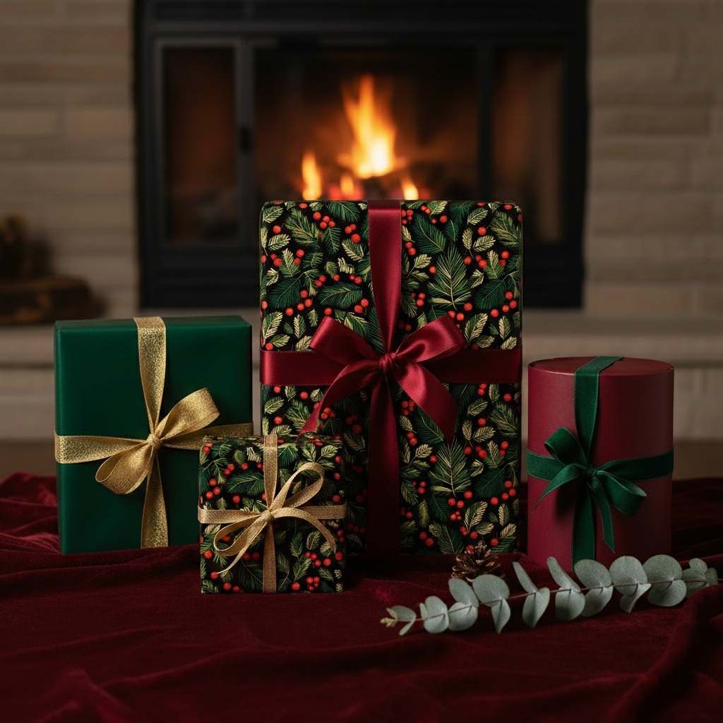 Elegant Christmas gifts wrapped in floral print paper with satin ribbons, arranged near a fireplace.