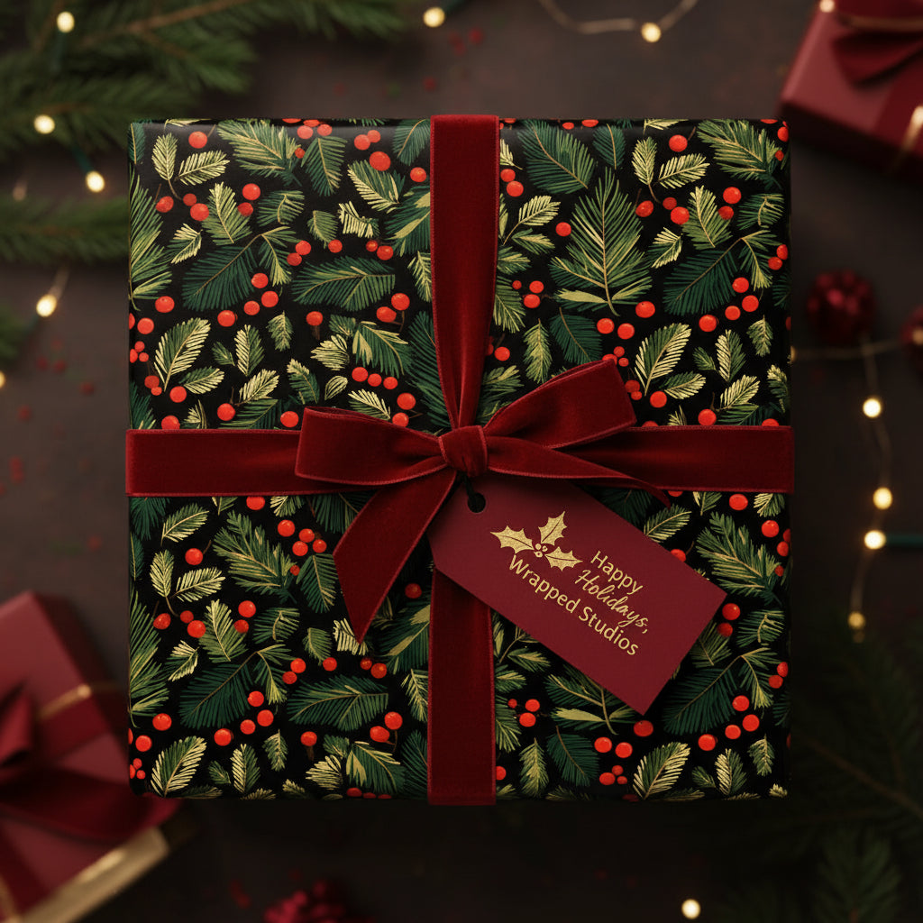 Square gift wrapped in festive Christmas paper with red berries, greenery pattern, and a velvet ribbon.