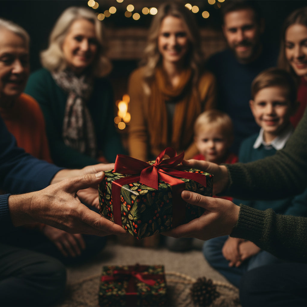 Family exchanging Christmas gifts wrapped in dark floral paper with red ribbons by the fireplace.