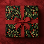 Square gift wrapped in floral Christmas wrapping paper with red ribbon and bow.