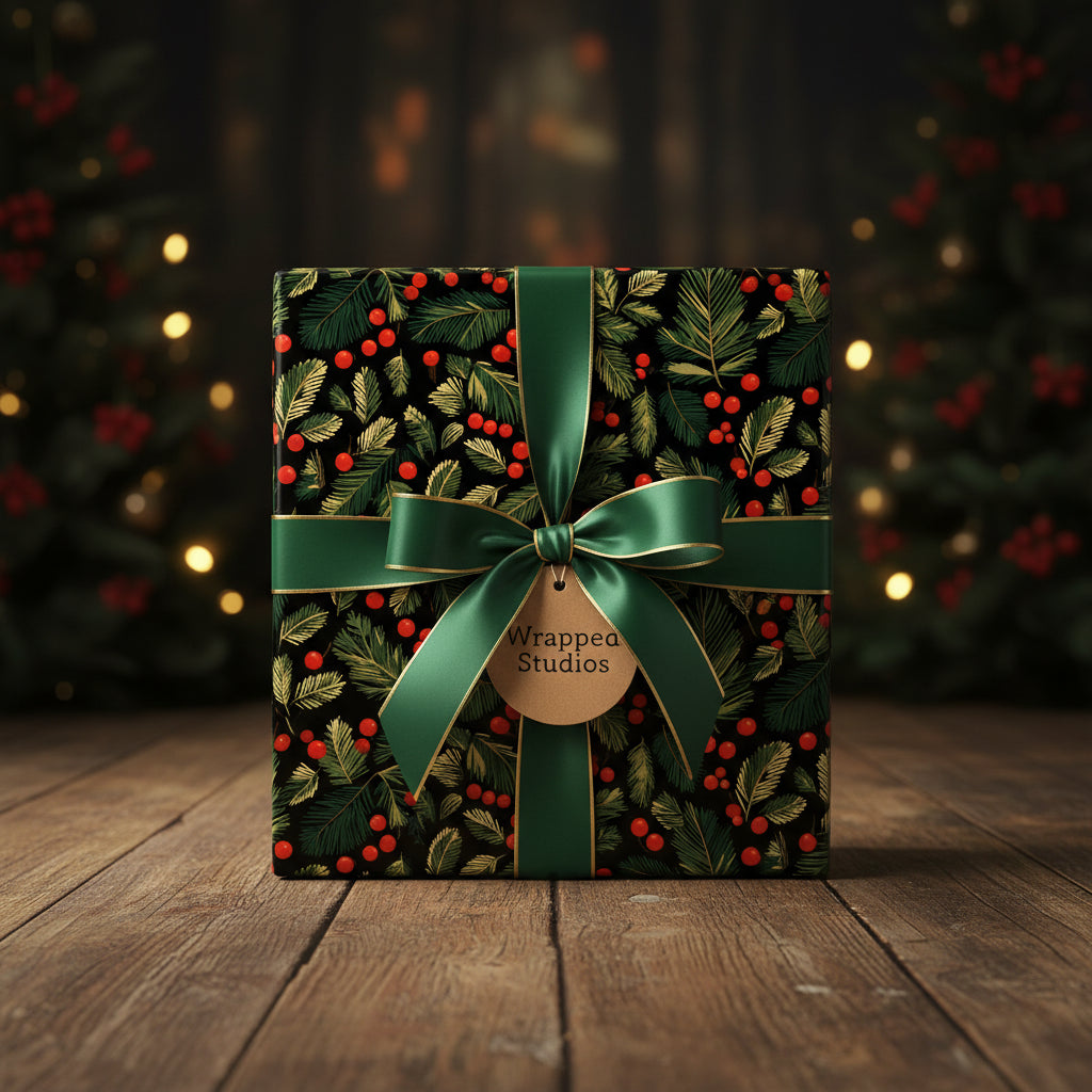 Elegant Christmas gift wrap with a green ribbon, gold trim, and a festive red berry and pine bough pattern.