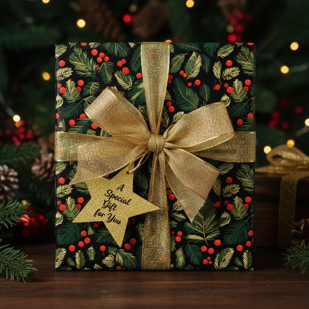 Christmas gift wrapped in black floral wrapping paper, tied with a gold ribbon and star tag.