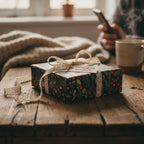 Dark floral Christmas gift wrap with lace ribbon on rustic wood table.