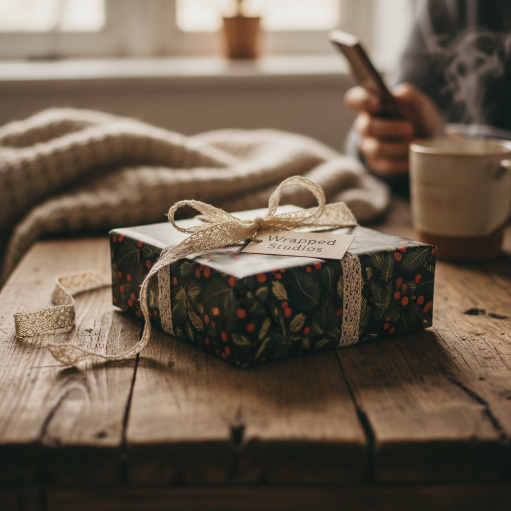 Dark floral Christmas gift wrap with lace ribbon on rustic wood table.