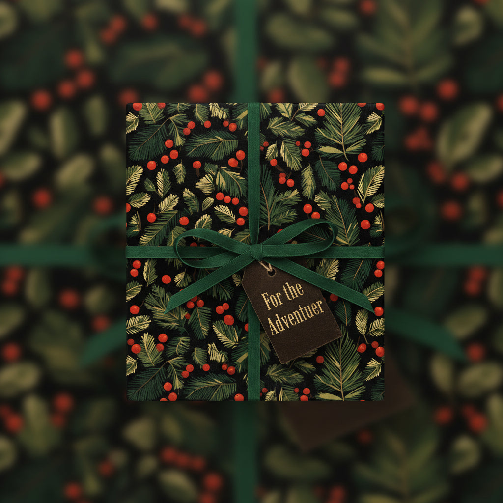 Elegant Christmas gift wrap with botanical leaf and red berry pattern, tied with a dark green ribbon and "For the Adventurer" tag.