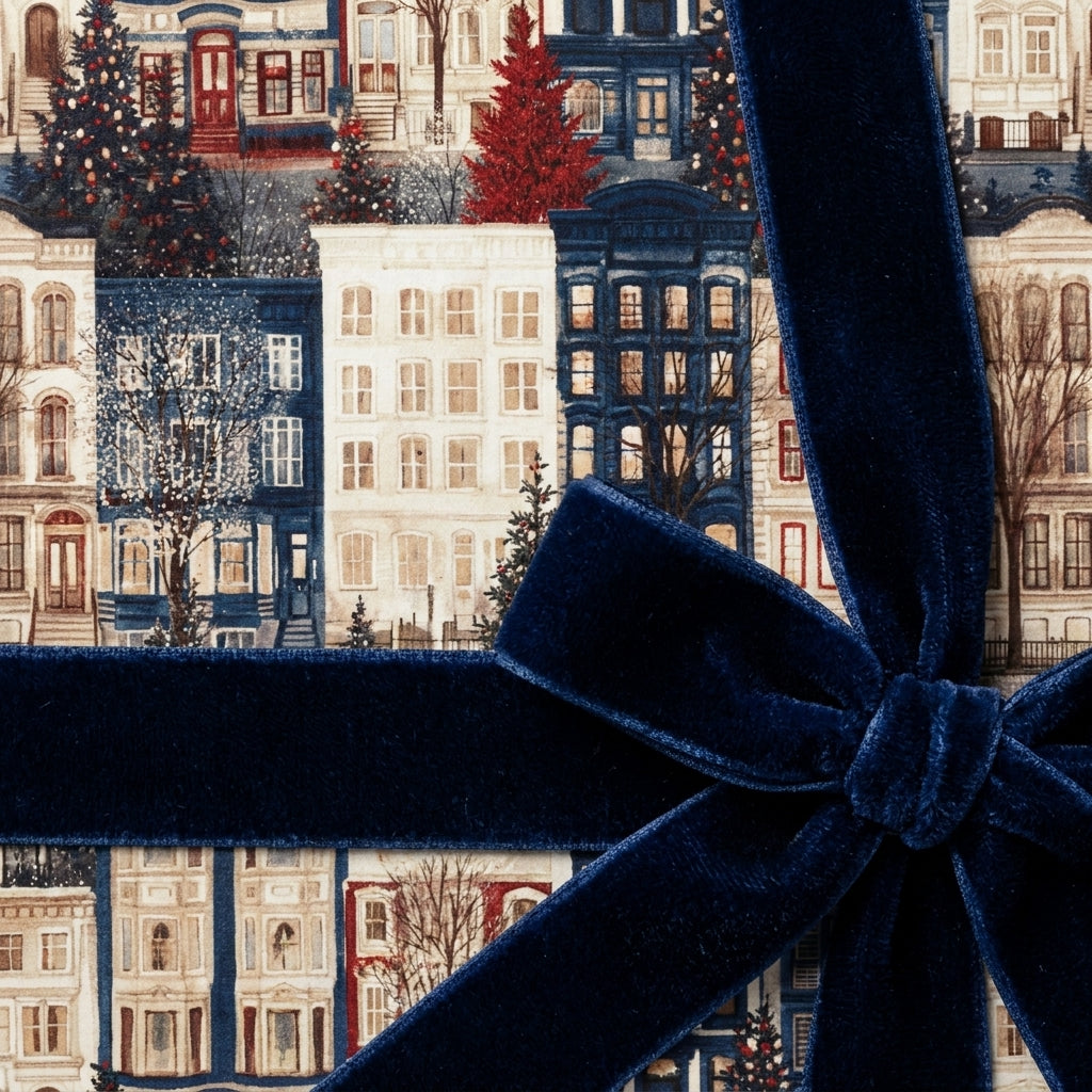 Luxury Christmas wrapping paper with winter townhouses and a navy velvet bow by Wrapped Studios.