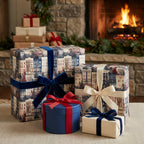 Blue winter village Christmas wrapping paper by a cozy fireplace. Luxury holiday gift wrap by Wrapped Studios.