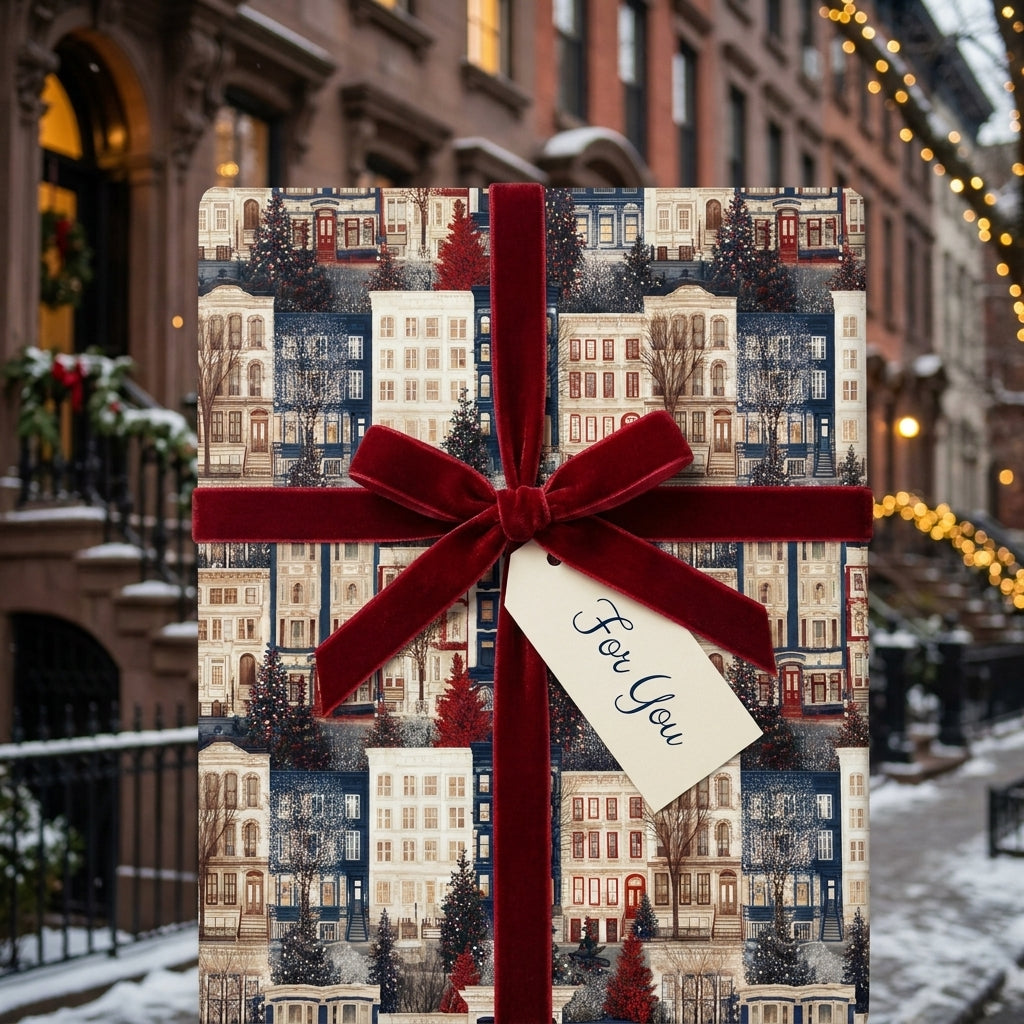 Christmas wrapping paper featuring a winter brownstone print and red velvet ribbon by Wrapped Studios.