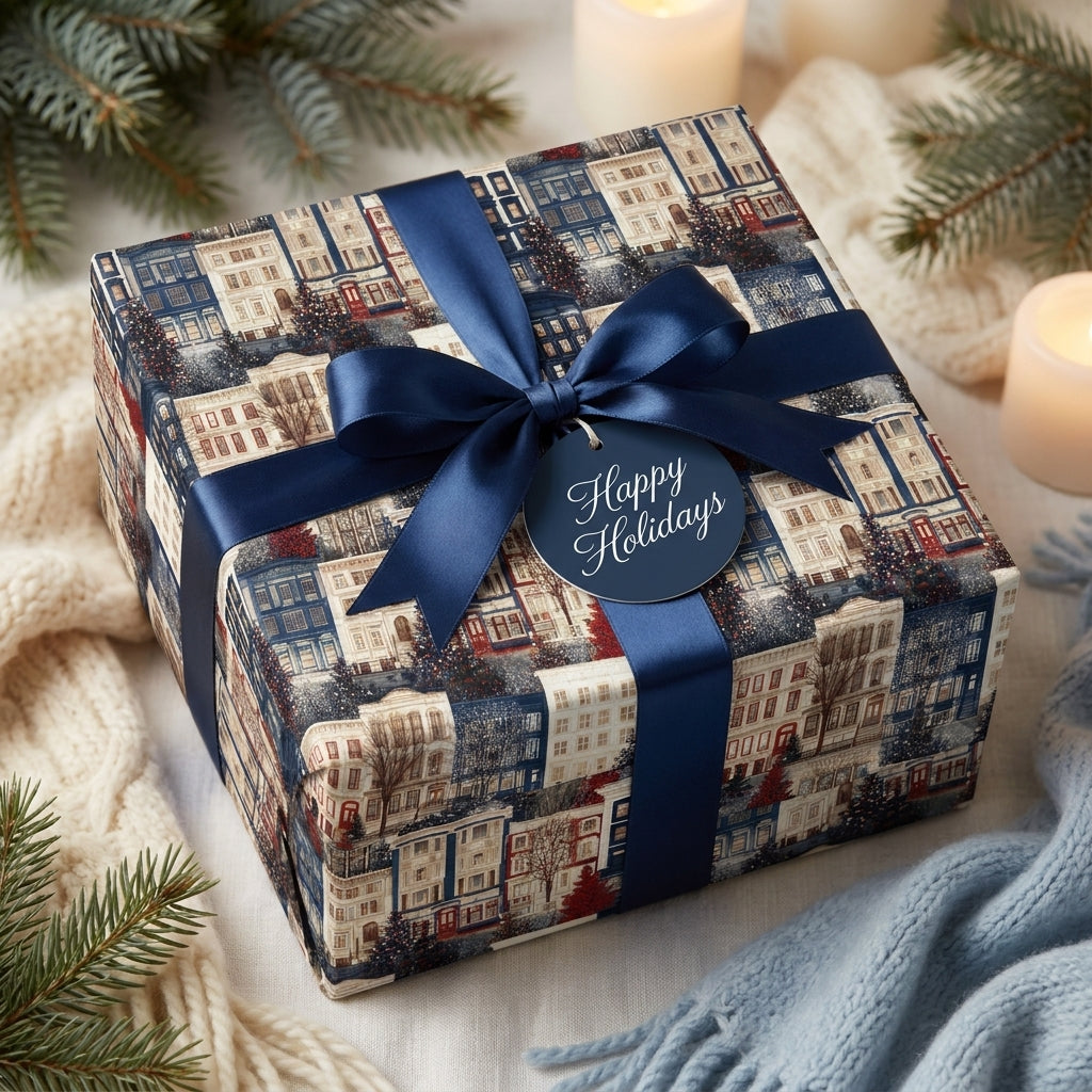 Winter village Christmas wrapping paper with a navy blue ribbon and Happy Holidays tag by Wrapped Studios.