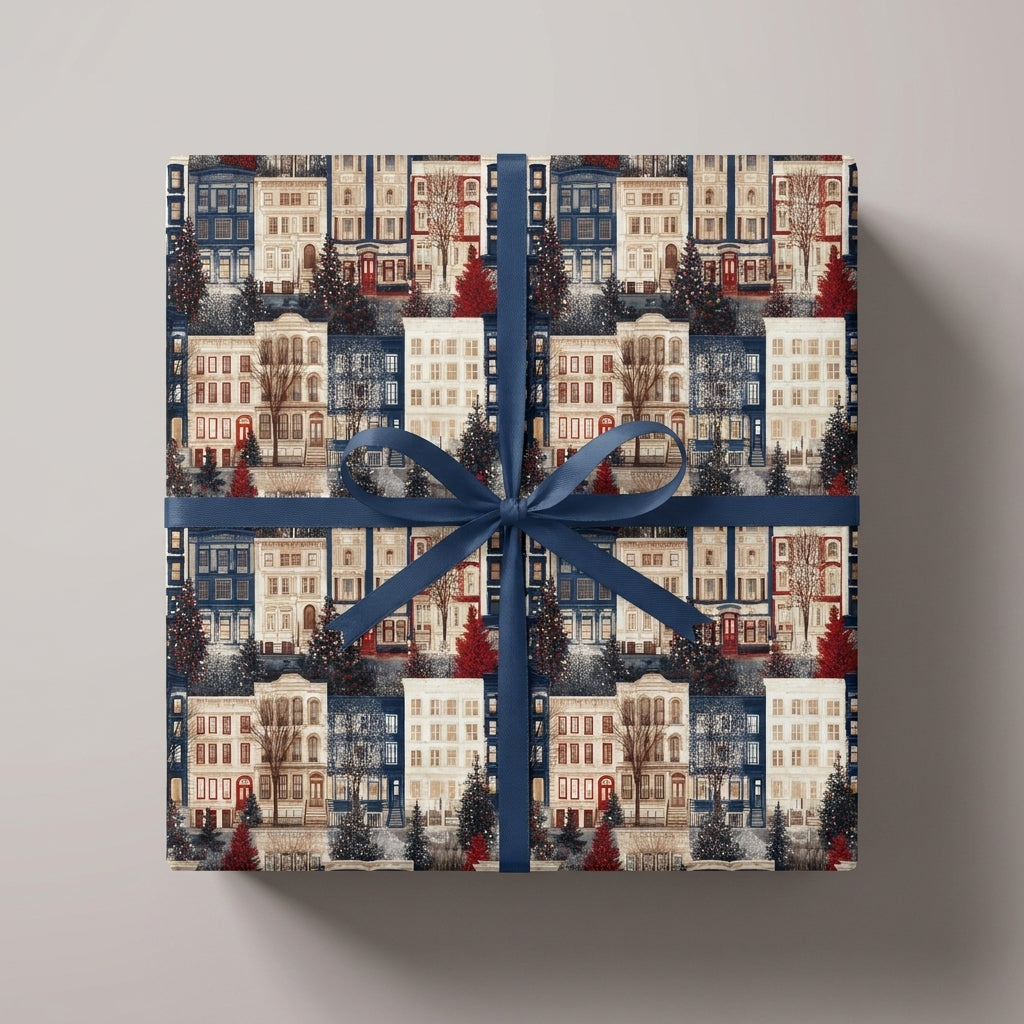 Vintage Christmas wrapping paper with winter city townhouses and blue ribbon by Wrapped Studios.