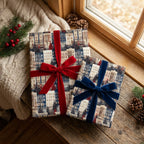 Winter town Christmas wrapping paper with luxury velvet ribbons by Wrapped Studios.